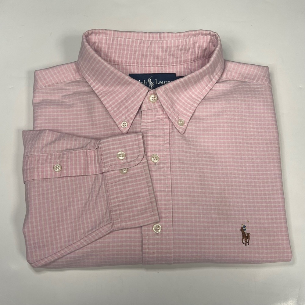 Ralph Lauren Oxford Cloth Button Down Pink Check Flesh‎ Pony Shirt Sz 17 1/2